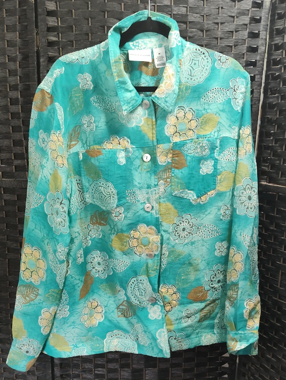 Alfred Dunner Turquoise Floral Blouse with Gold Accents